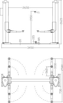Preview: Zavagli Eurolift Z52C/3SLB schwellenfreie & lange Arme 2-Säulen-Hebebühne 3500kg mit langen Armen